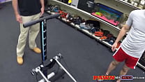Fitness trainer pawns his gym equipement and ass