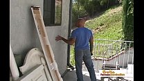 Bald plumber gets to fuck his busty client's tight asshole