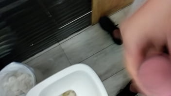 Handjob in public bathroom with cumshot