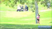 Sexy young cutie brunette amateur Mya gets fully naked and run on the golf course in public