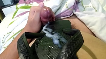 Cumming in my friend's Havaianas slipper and then licking and swallowing all the cum