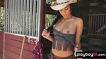 Sexy ebony cowgirl Briana teasing and stripping outdoor