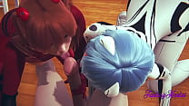 Evangelion Hentai 3D - Threesome Shinji, Asuka e Rei na sala de Shinji eles chupam o pau de Shinji até que ele goze na boca dela, então ele come a buceta deles e os fode