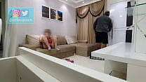 Cristina Almeida's husband receiving delivery, naughty wife without open leg panties on the sofa.