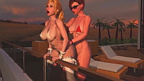Geile rothaarige Shemale fickt blonde Transe - Analsex, 3D-Futanari-Karikatur-Porno bei Sonnenuntergang