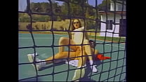 Sexy brunette with nice tits enjoys fucking on the tennis court with a horny coach and sucks his cock