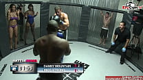 Brunette slut with big tits fucking a boxer in the ring