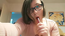 Teen Amateur Tranny Anallisa alone at home - she sucks dildo, lick her cum and fucks her pussy with while looking cute and loud all over the house - shes wearing penis cage and uses some of her other toys