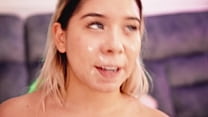 Horny blonde seduces you with her chubby naked body right after her boyfriend filled her face with cum
