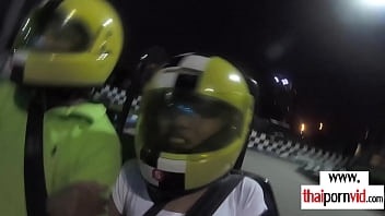 Amateur Thai teen Cherry taking a ride in a kart then on a big white dick