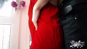 Standing fingering and fuck sweet girl in red dress