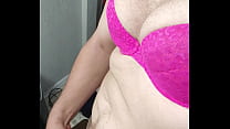 Looking sexy as fuck in a pink bra jacking my dick til I cum
