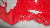 I masturbated with my friend's red lingerie and I came on top, she likes lingerie