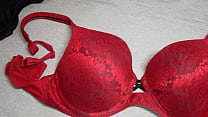 I came on my best friend's used red lace bra, I left her all my cum