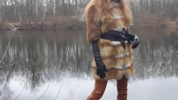 Outdoor sex with redhead teen in winter forest. Risky public fuck