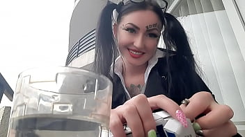 fetish. Dominatrix Nika sexy and spits into a glass. Imagine that this glass is your mouth, and you are just an ashtray for Mistress.