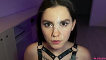 Hot Brunette In Harness Sucks And Jumps On My Dick - Just Look At Her Pretty Cum Face On 12:10!