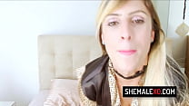 Blonde trans girl Stefany Santos enjoys jerking off her cock