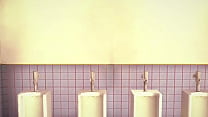 Almost naked girl pissing in men's bathroom